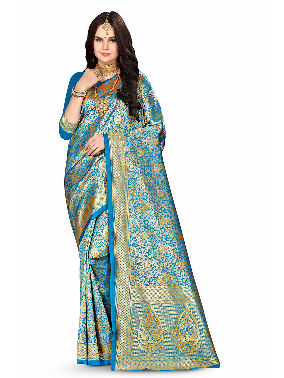 

MANVAA Floral Woven Design Zari Banarasi Saree, Blue