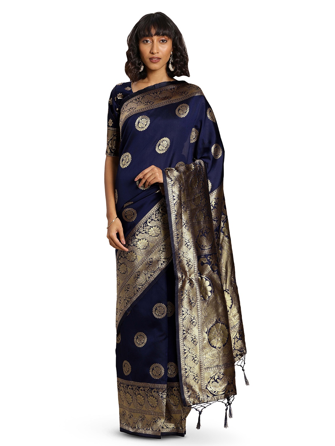 

MANVAA Ethnic Motifs Woven Design Zari Banarasi Saree, Navy blue
