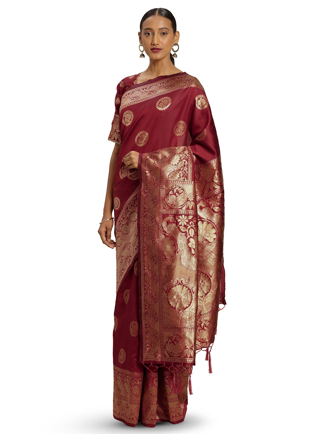 

MANVAA Ethnic Motifs Woven Design Zari Banarasi Saree, Red