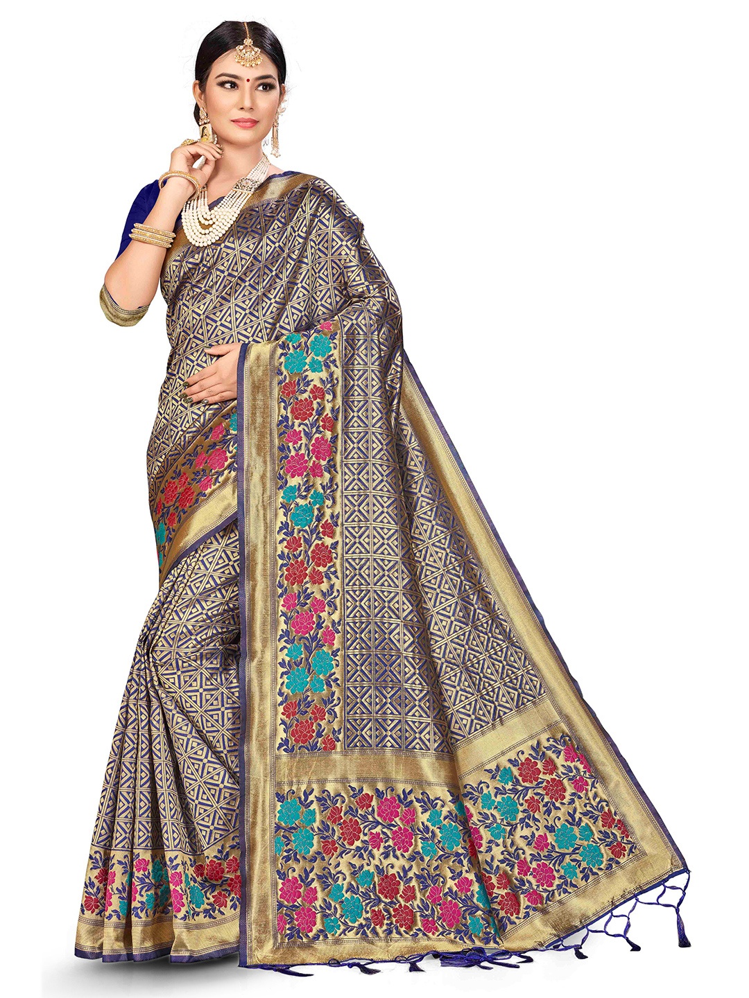 

MANVAA Ethnic Woven Design Zari Banarasi Saree, Navy blue