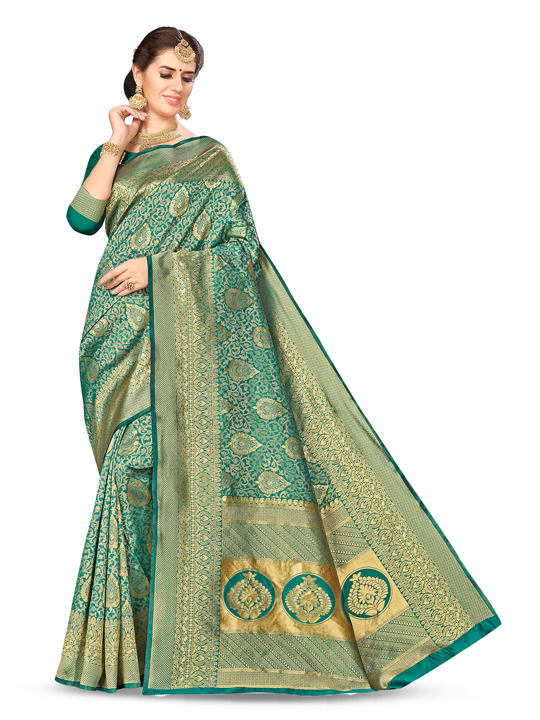 

MANVAA Ethnic Motifs Woven Design Zari Banarasi Saree, Green