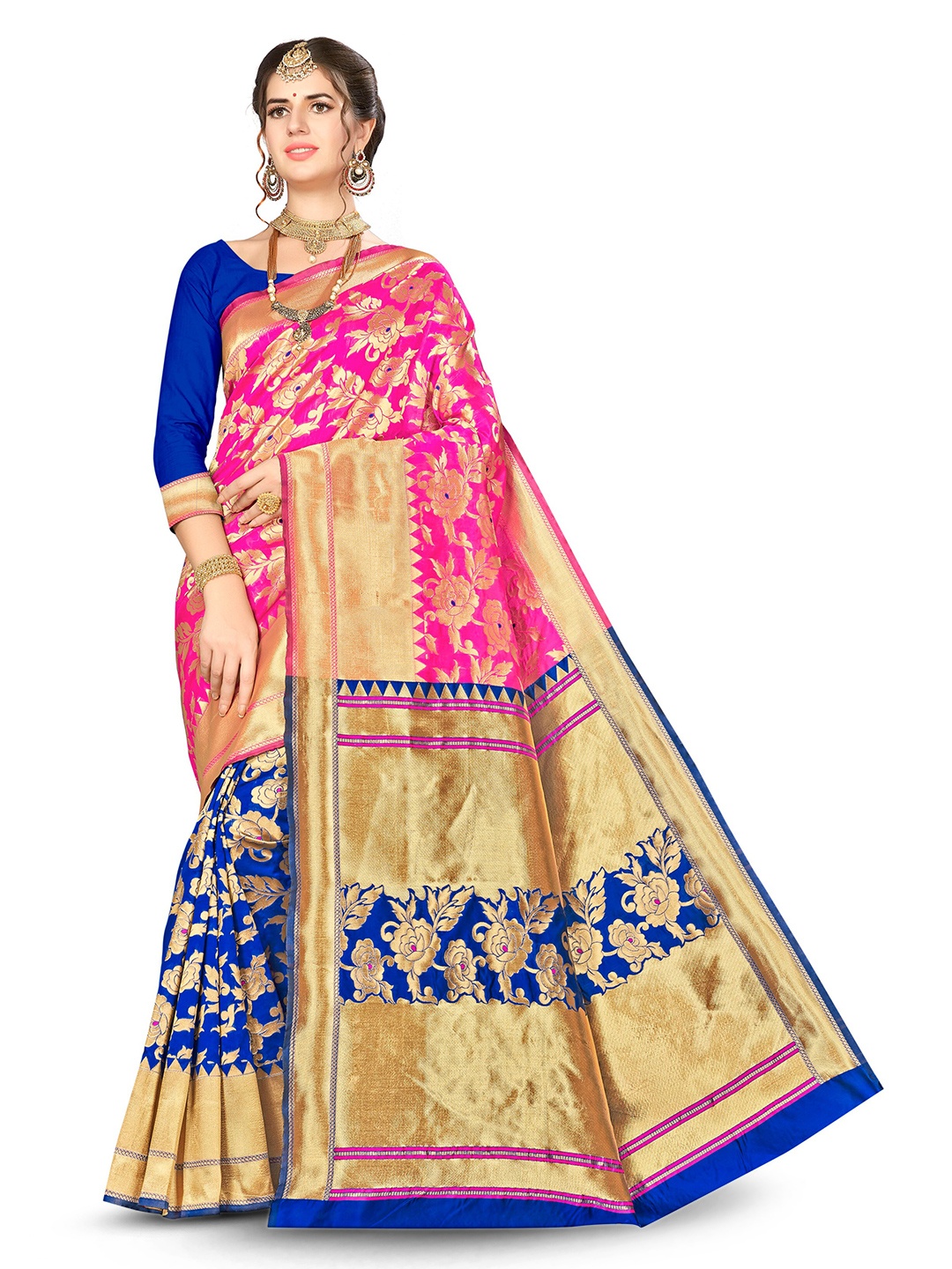 

MANVAA Floral Woven Design Zari Banarasi Saree, Blue