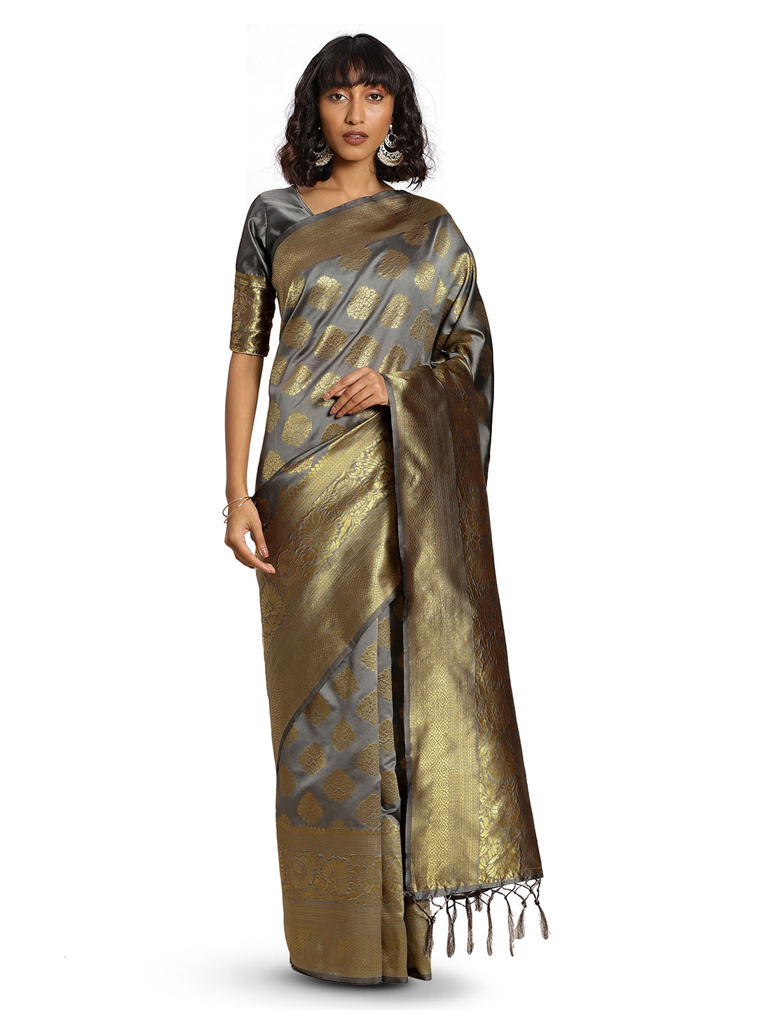 

MANVAA Ethnic Motifs Woven Design Zari Banarasi Saree, Grey