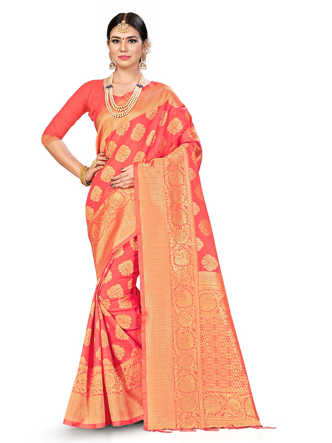 

MANVAA Ethnic Motifs Woven Design Zari Banarasi Saree, Peach