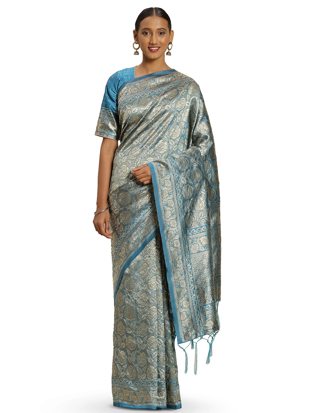 

MANVAA Floral Woven Design Zari Banarasi Saree, Teal
