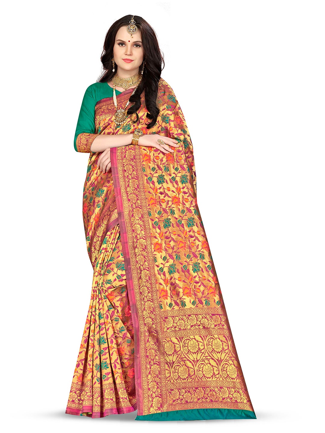 

MANVAA Floral Woven Design Zari Banarasi Saree, Green