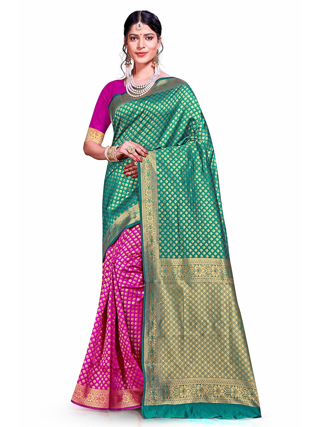 

MANVAA Ethnic Woven Design Zari Half and Half Banarasi Saree, Green