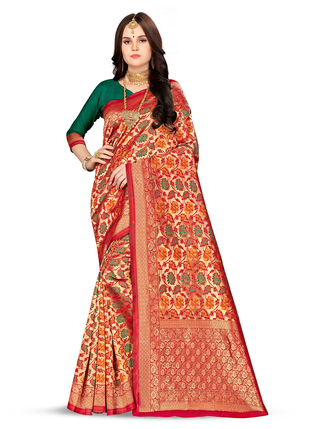 

MANVAA Floral Woven Design Zari Banarasi Saree, Red