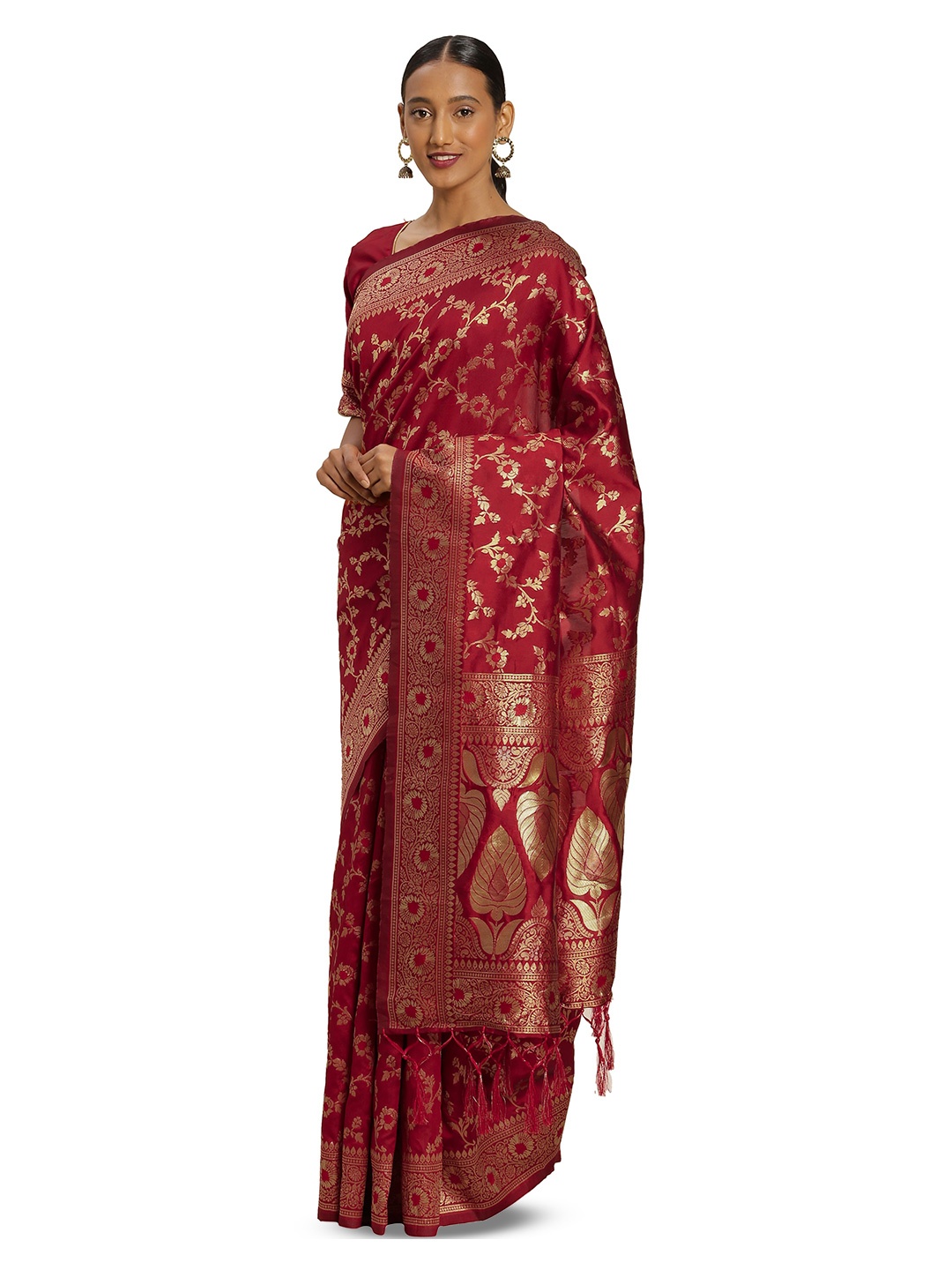 

MANVAA Floral Woven Design Zari Banarasi Saree, Red