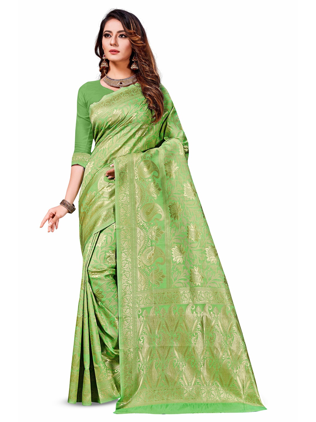 

MANVAA Ethnic Motifs Zari Banarasi Saree, Green