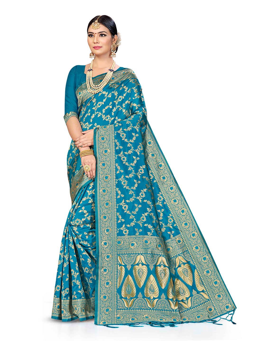 

MANVAA Ethnic Woven Design Zari Banarasi Saree, Teal