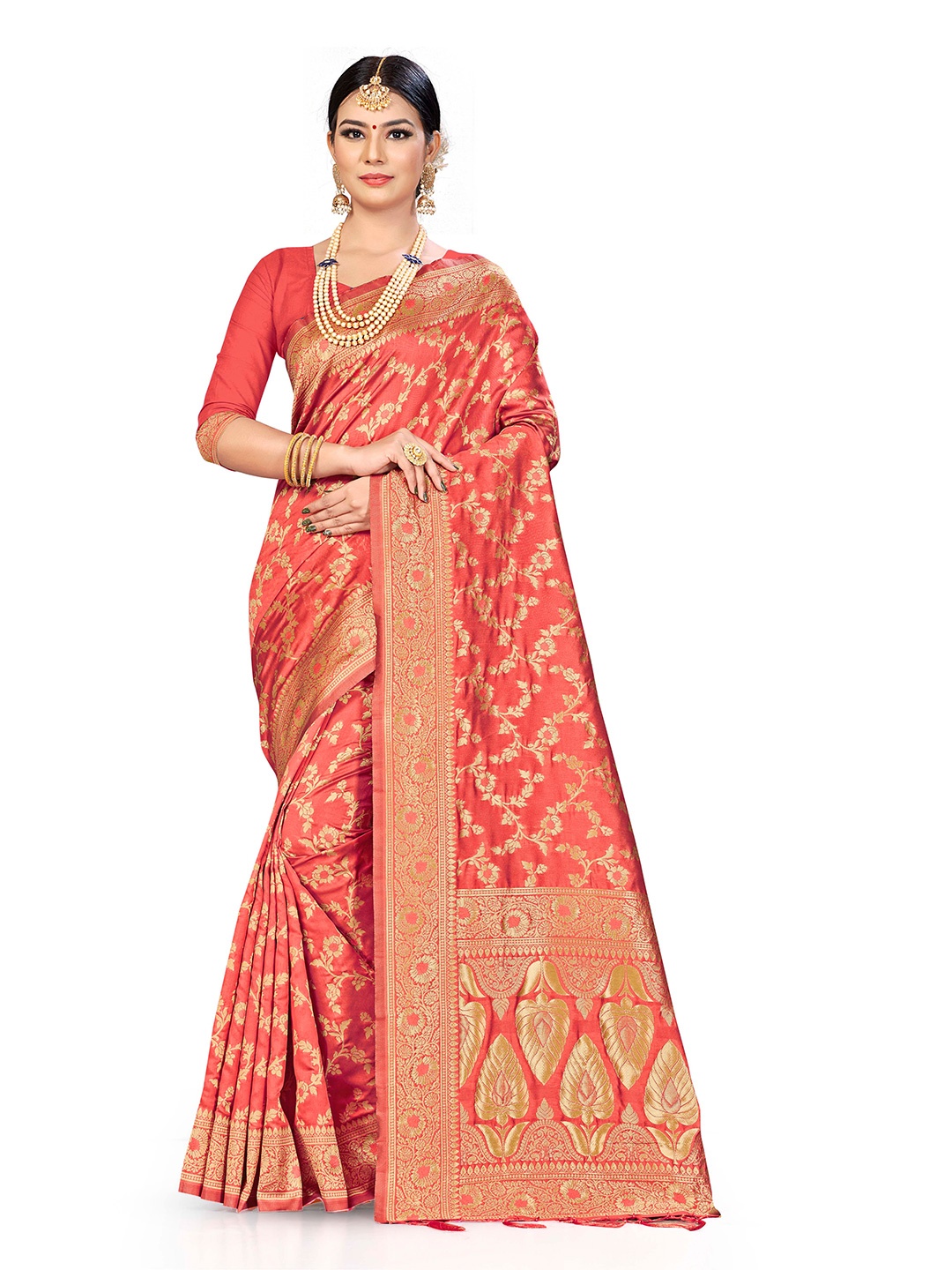 

MANVAA Floral Woven Design Zari Banarasi Saree, Peach