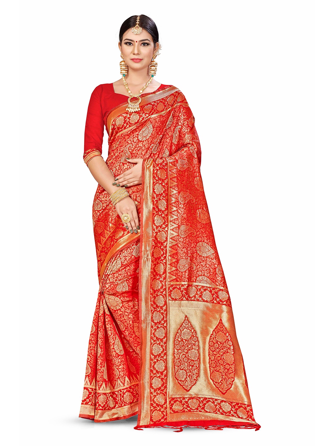 

MANVAA Floral Woven Design Zari Banarasi Saree, Red