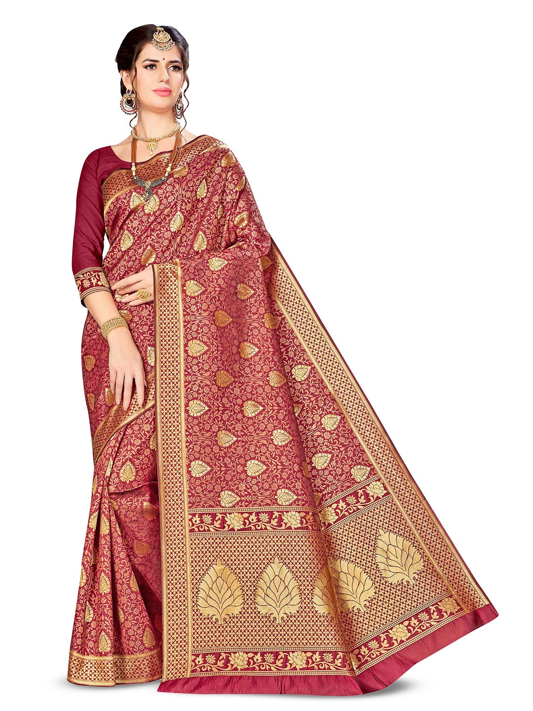 

MANVAA Ethnic Motifs Woven Design Zari Banarasi Saree, Maroon