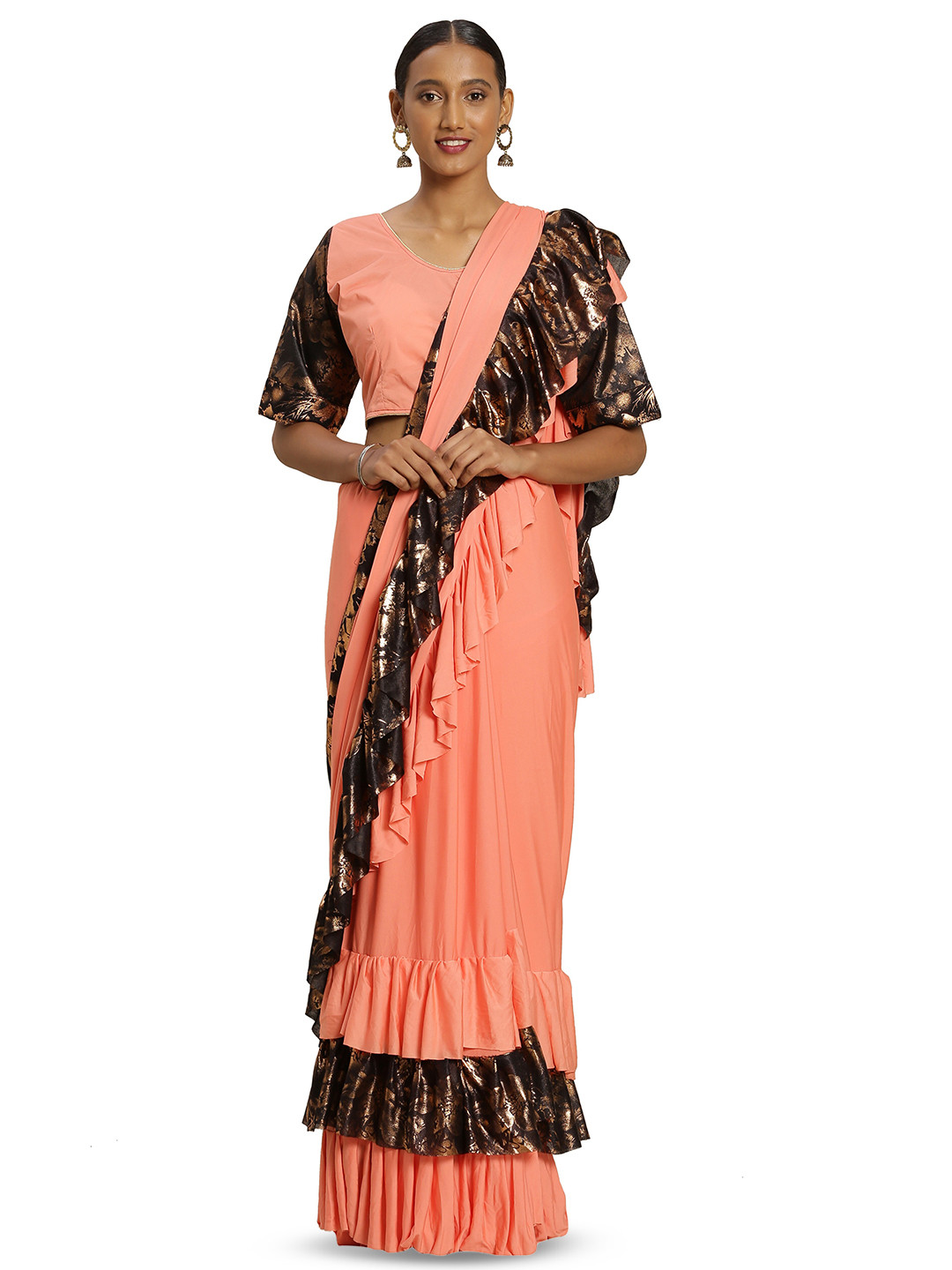 

MANVAA Ruffles Banarasi Saree, Peach