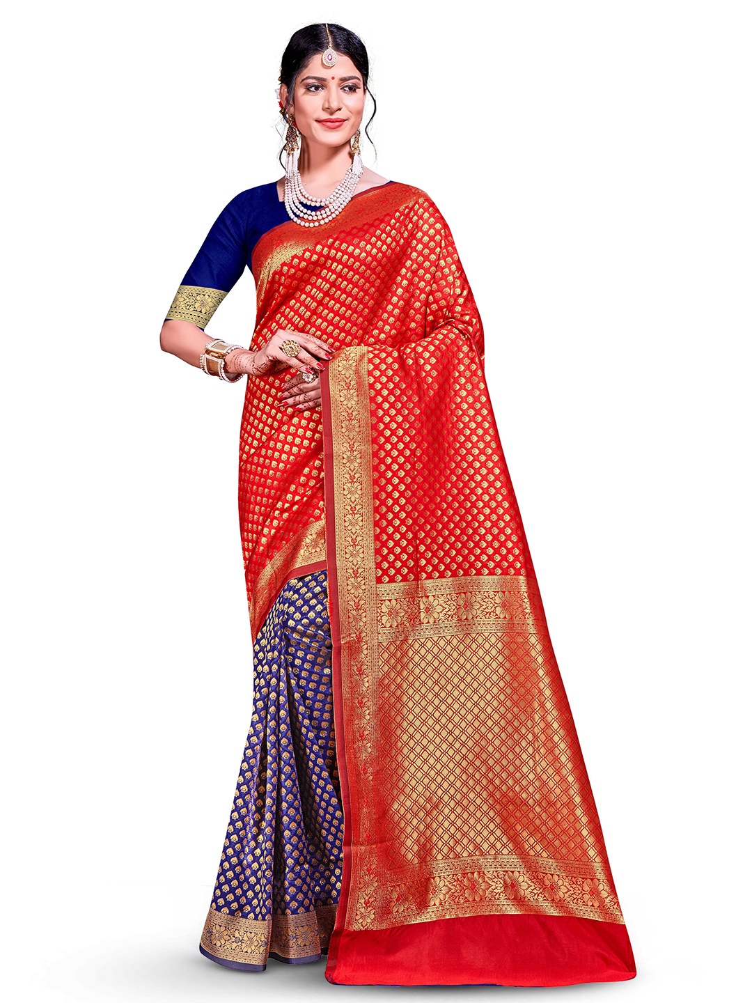 

MANVAA Ethnic Motifs Woven Design Zari Banarasi Saree, Red