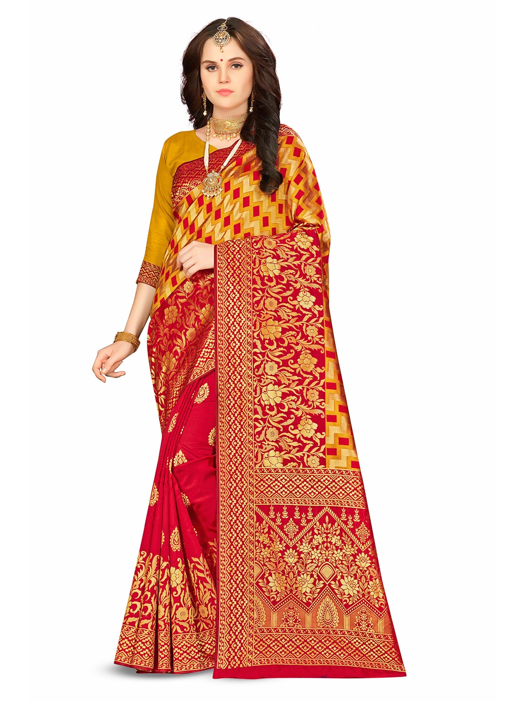 

MANVAA Ethnic Woven Design Zari Banarasi Saree, Red