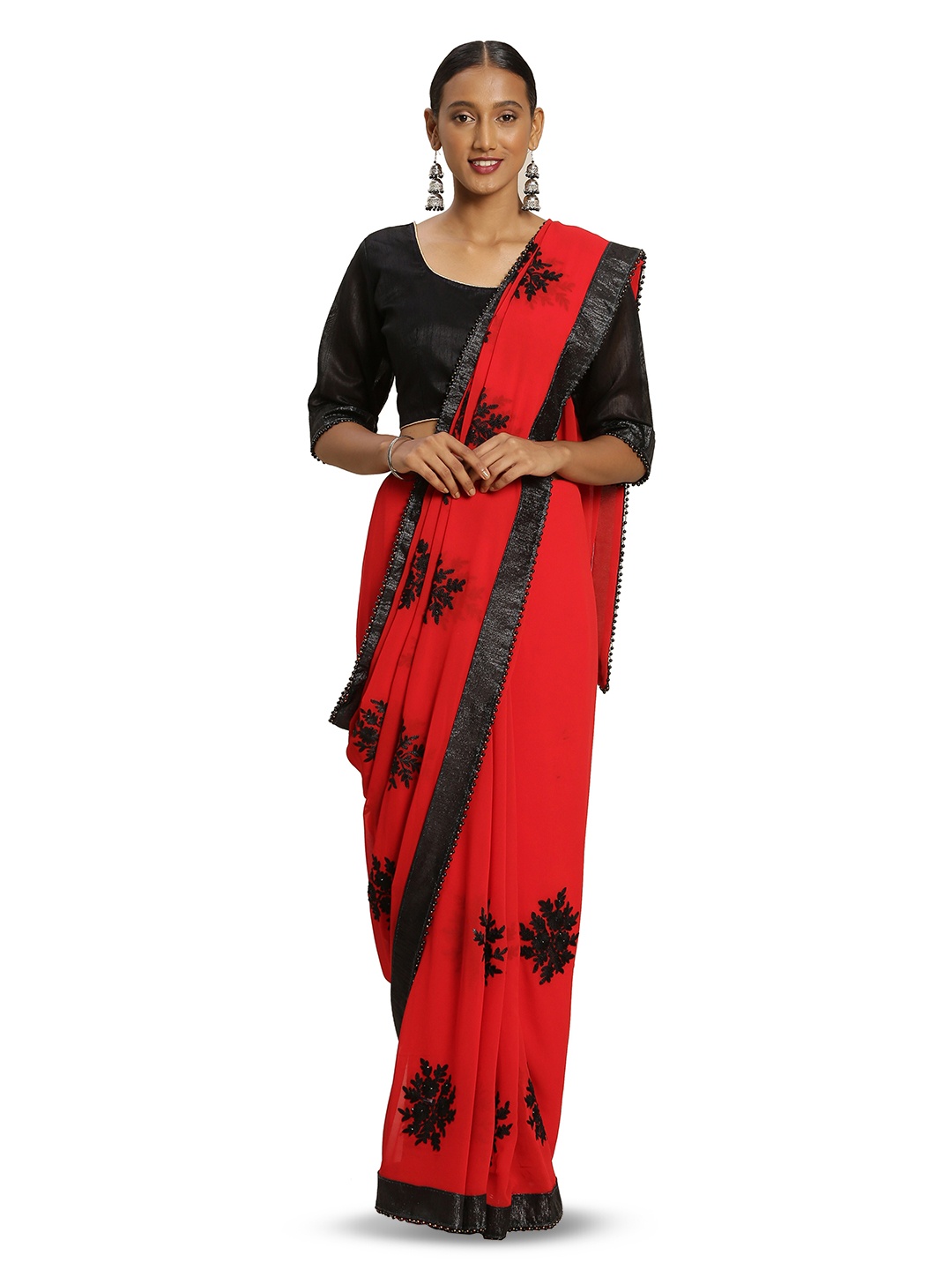 

MANVAA Embellished Embroidered Banarasi Saree, Red