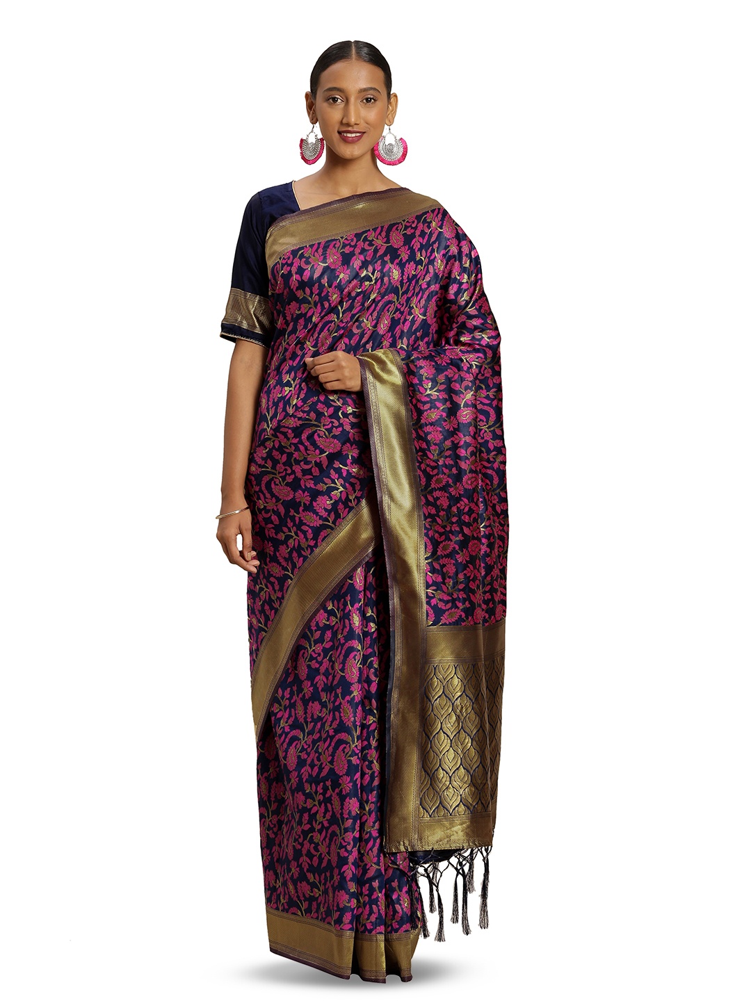 

MANVAA Floral Woven Design Zari Banarasi Saree, Navy blue