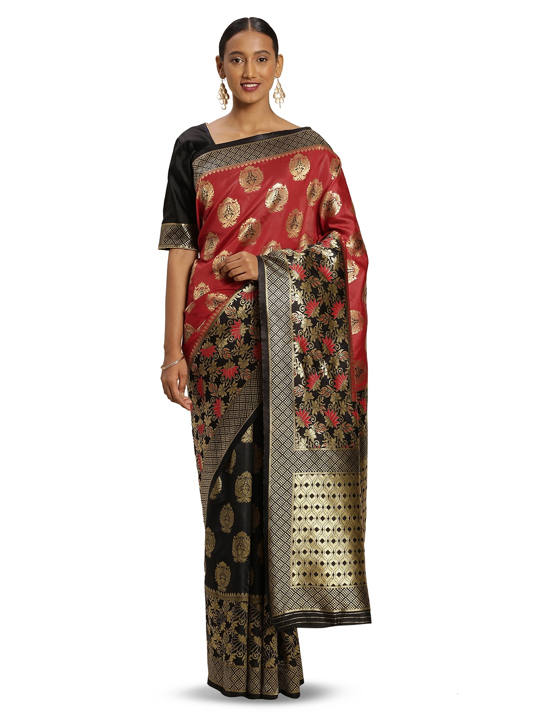 

MANVAA Ethnic Motifs Woven Design Zari Banarasi Saree, Red