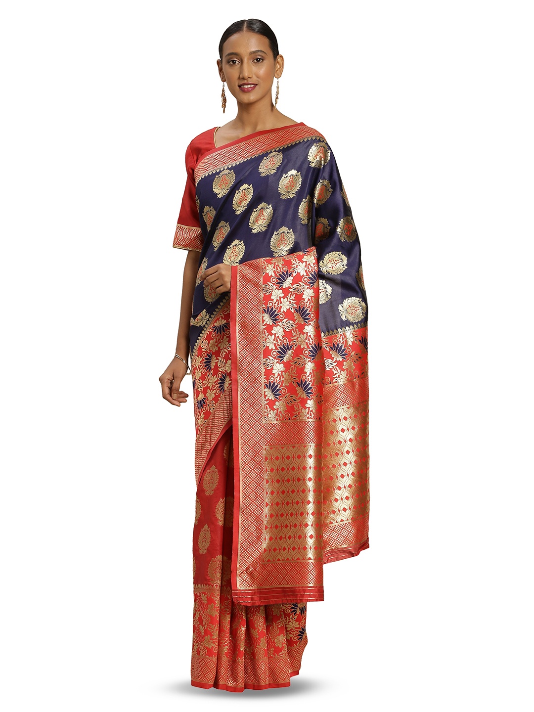 

MANVAA Ethnic Motifs Woven Design Zari Banarasi Saree, Red