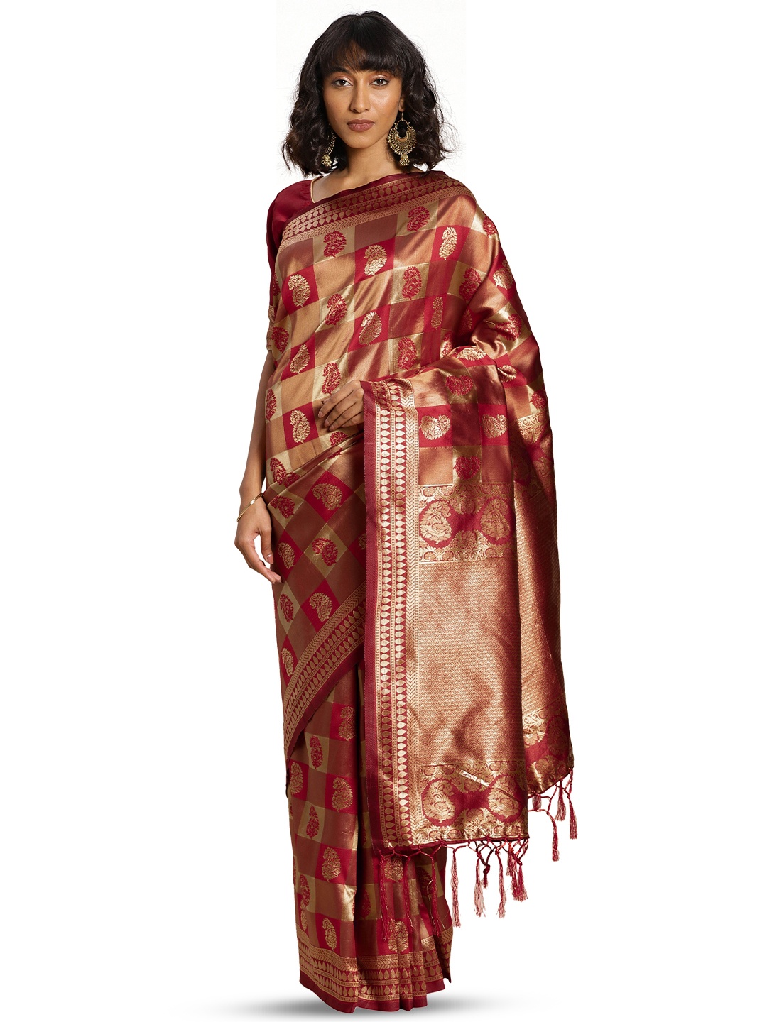 

MANVAA Ethnic Motifs Woven Design Zari Banarasi Saree, Red