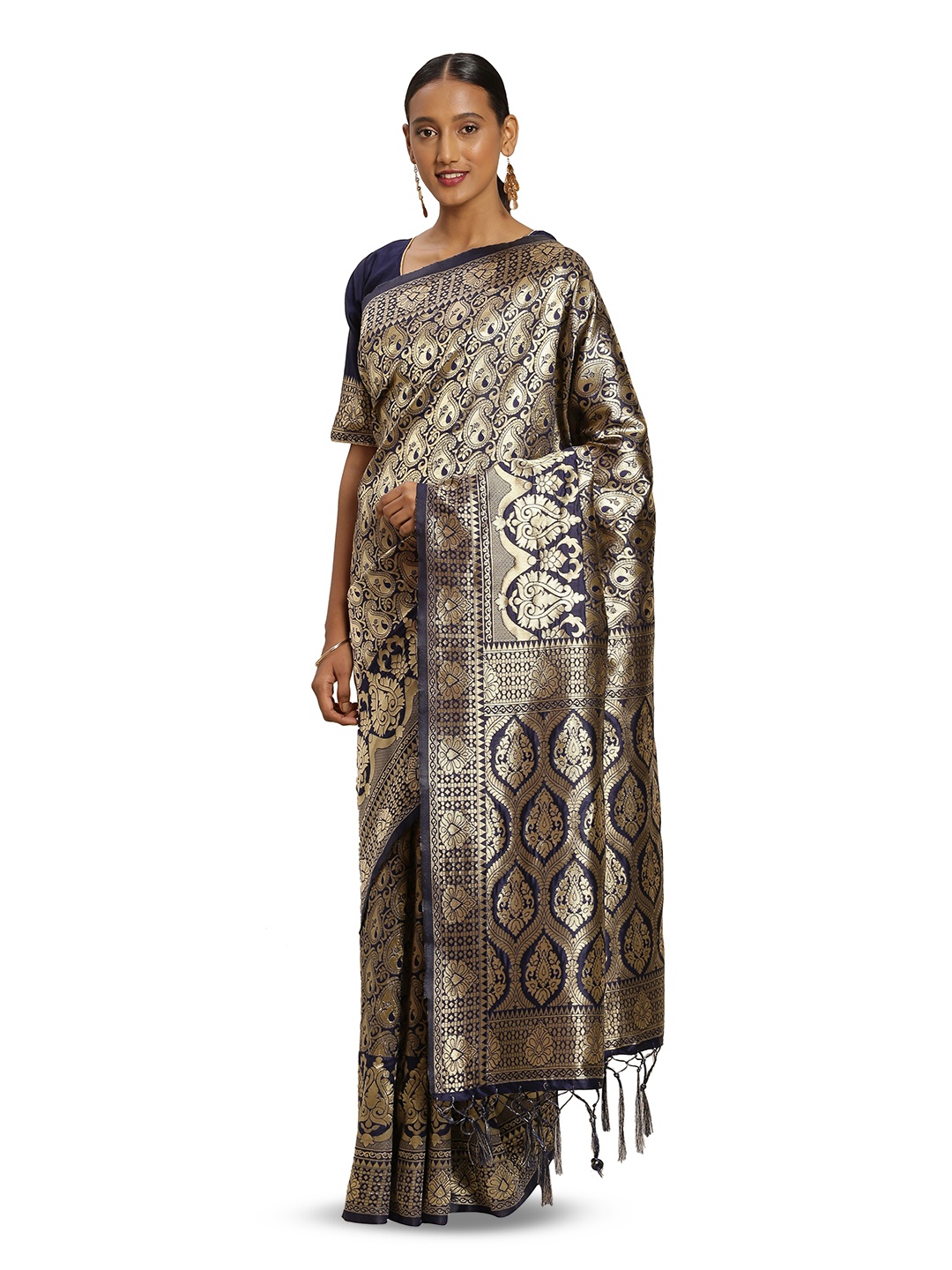 

MANVAA Ethnic Motifs Woven Design Zari Banarasi Saree, Navy blue