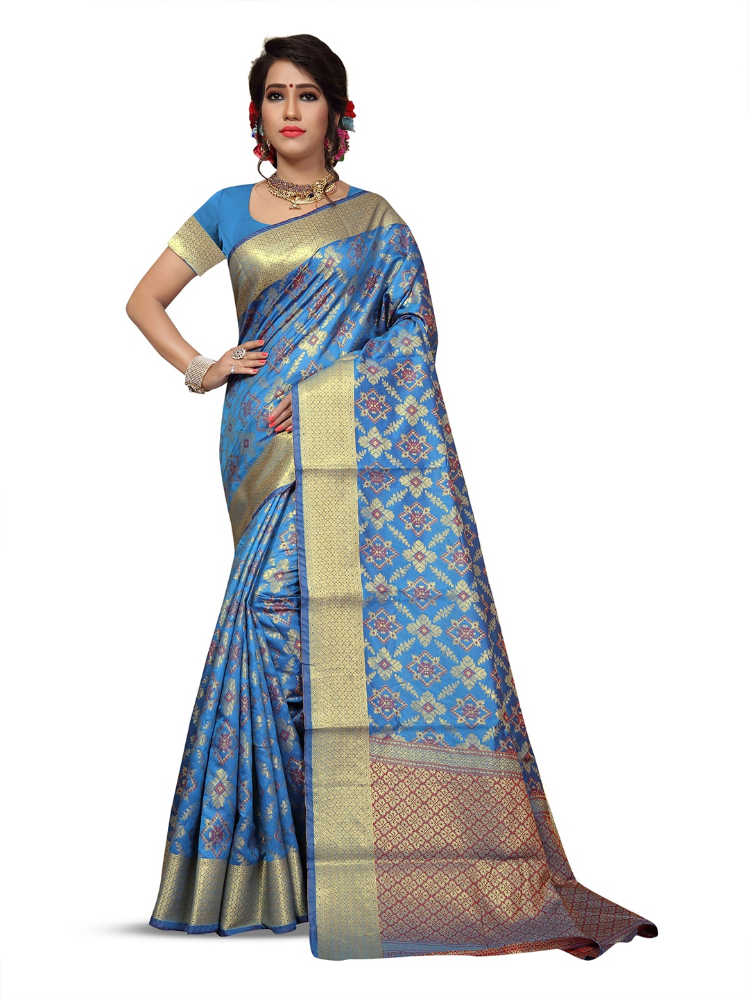 

MANVAA Ethnic Motifs Woven Design Zari Banarasi Saree, Blue