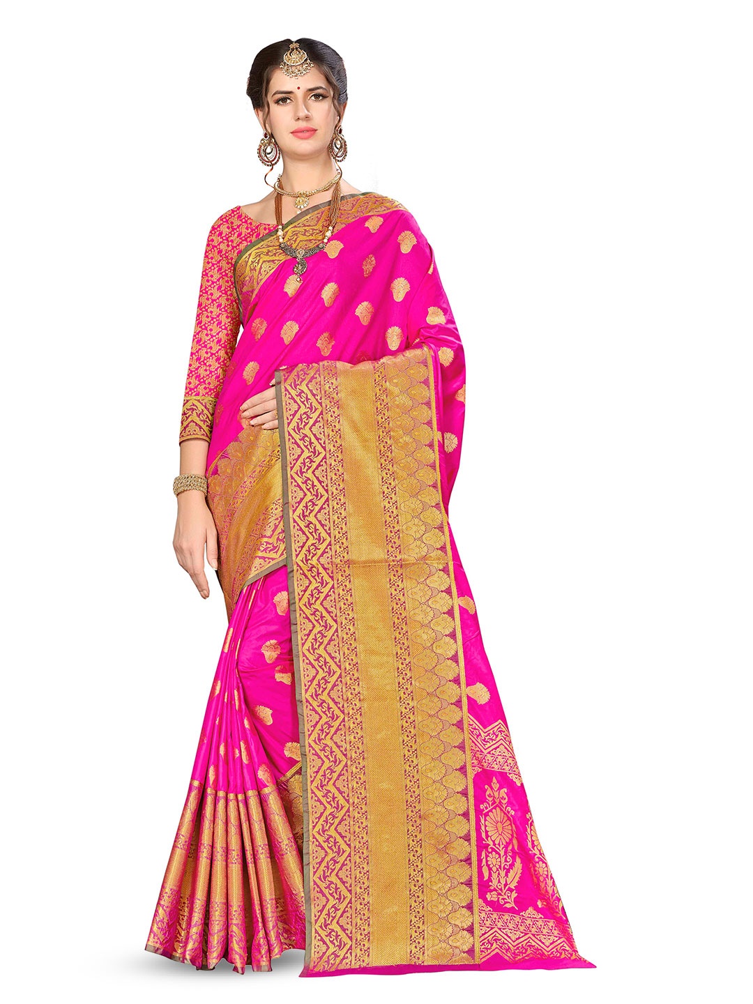 

MANVAA Ethnic Motifs Woven Design Zari Banarasi Saree, Pink