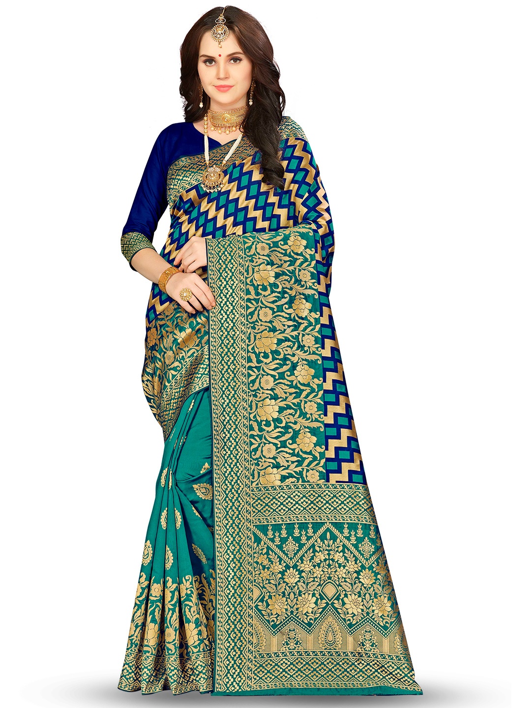 

MANVAA Ethnic Woven Design Zari Banarasi Saree, Green