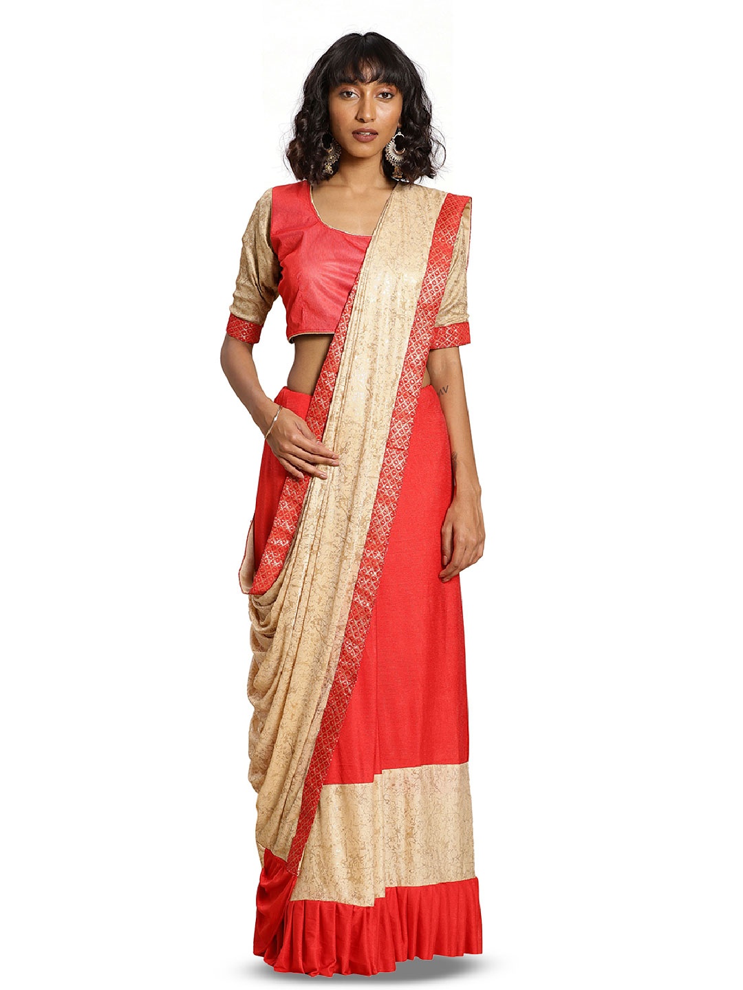 

MANVAA Floral Zari Banarasi Saree, Peach