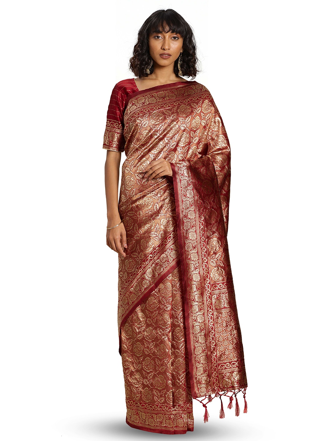 

MANVAA Floral Woven Design Zari Banarasi Saree, Red