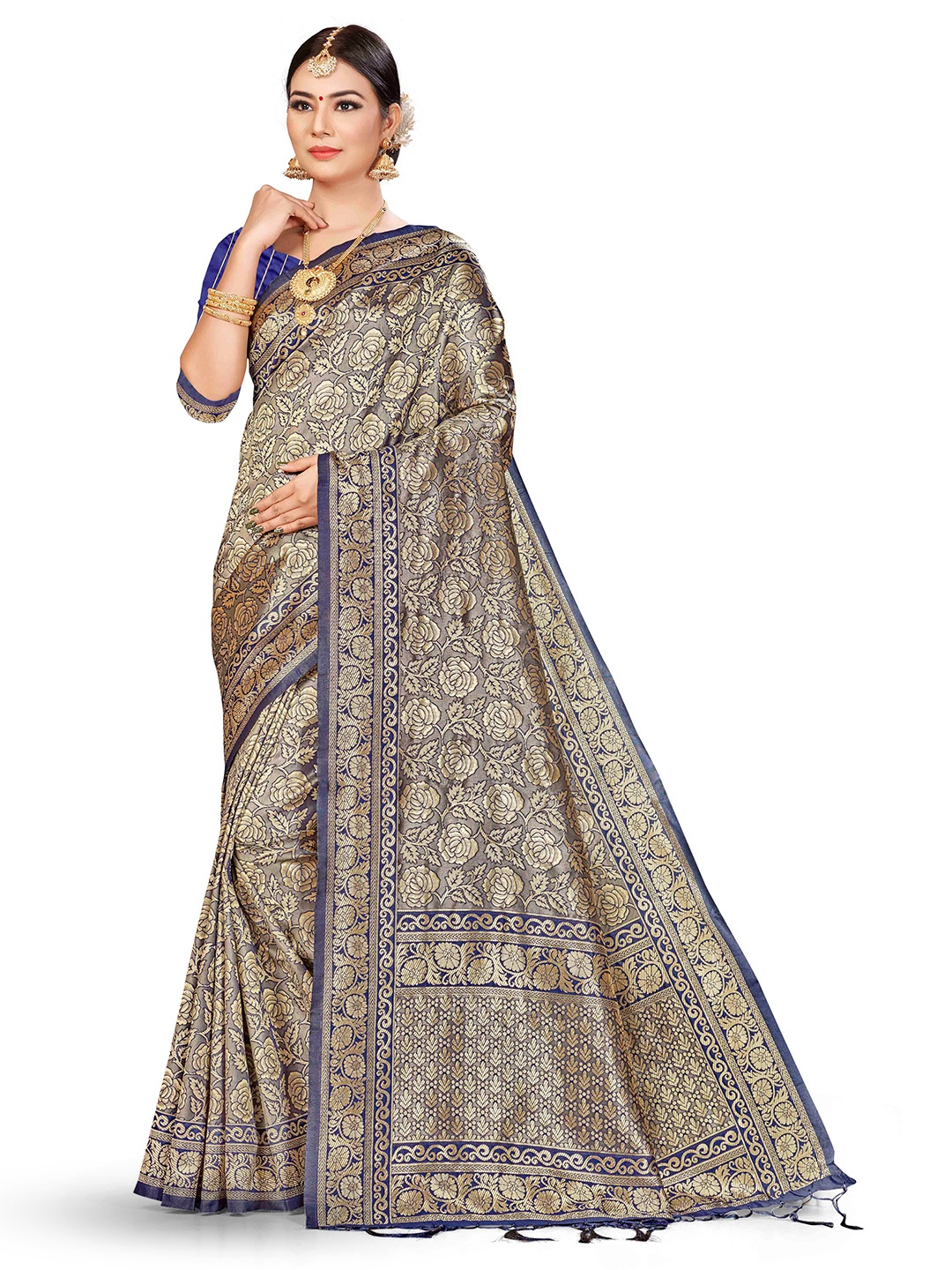 

MANVAA Ethnic Woven Design Zari Banarasi Saree, Navy blue