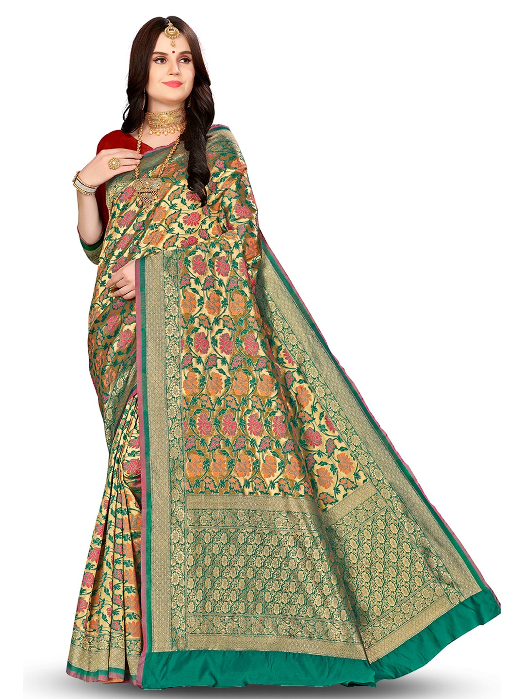 

MANVAA Floral Woven Design Zari Banarasi Saree, Green