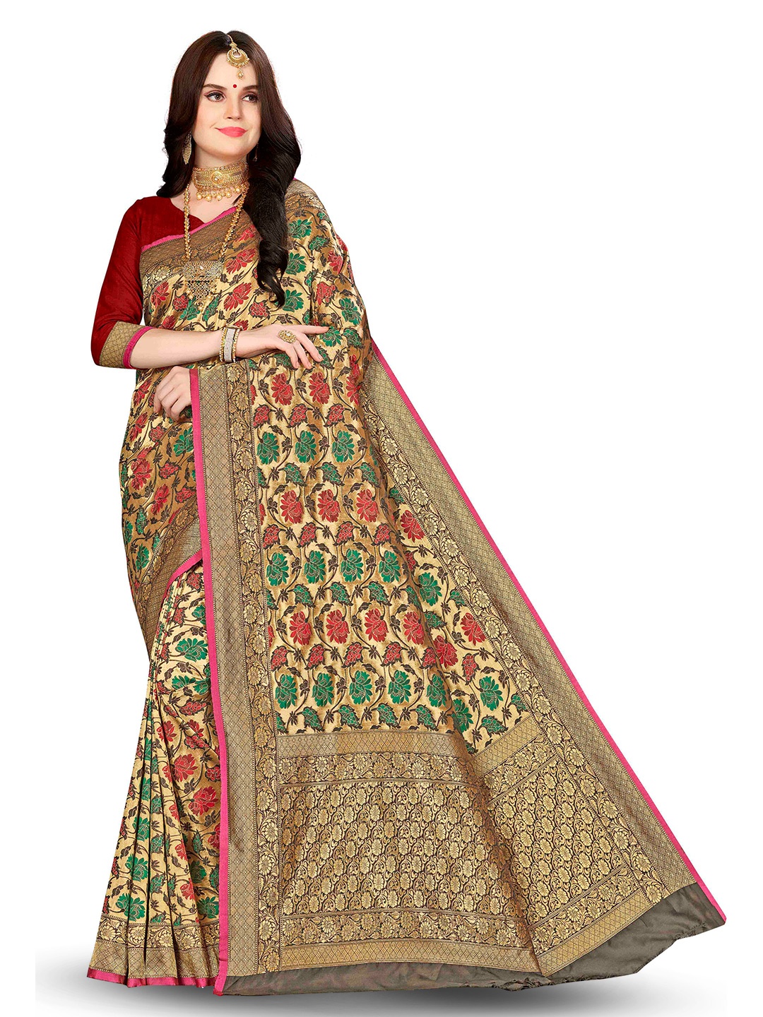 

MANVAA Floral Woven Design Zari Banarasi Saree, Green