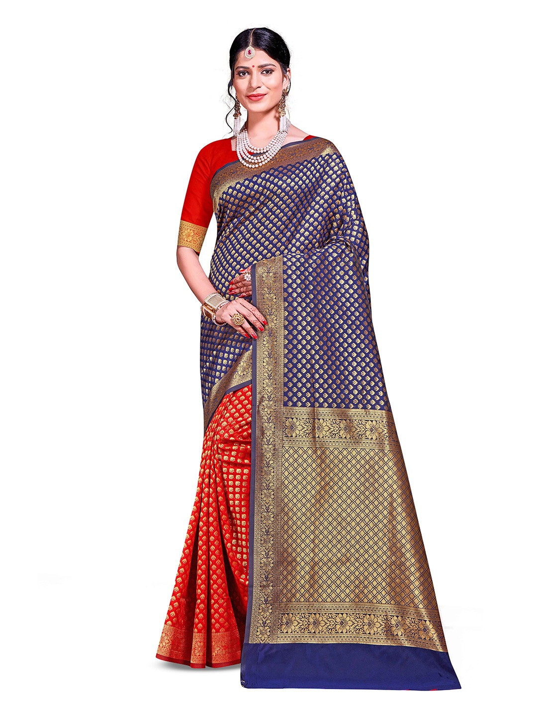 

MANVAA Ethnic Woven Design Zari Half and Half Banarasi Saree, Blue