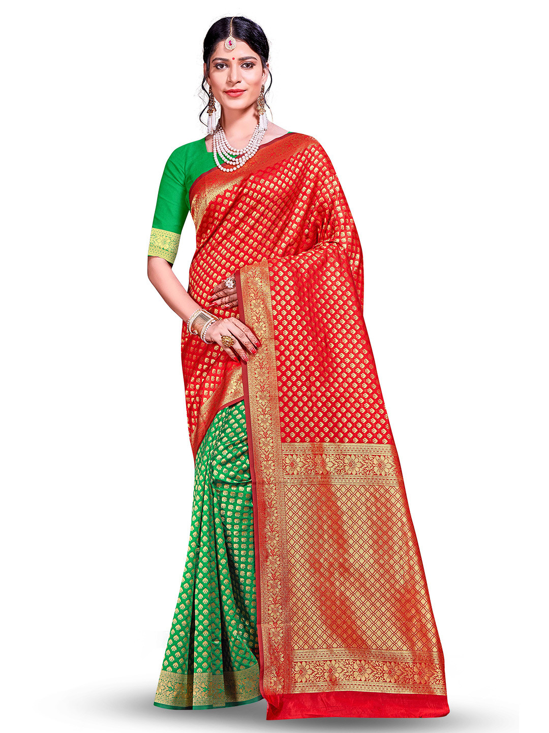 

MANVAA Ethnic Woven Design Zari Half and Half Banarasi Saree, Red