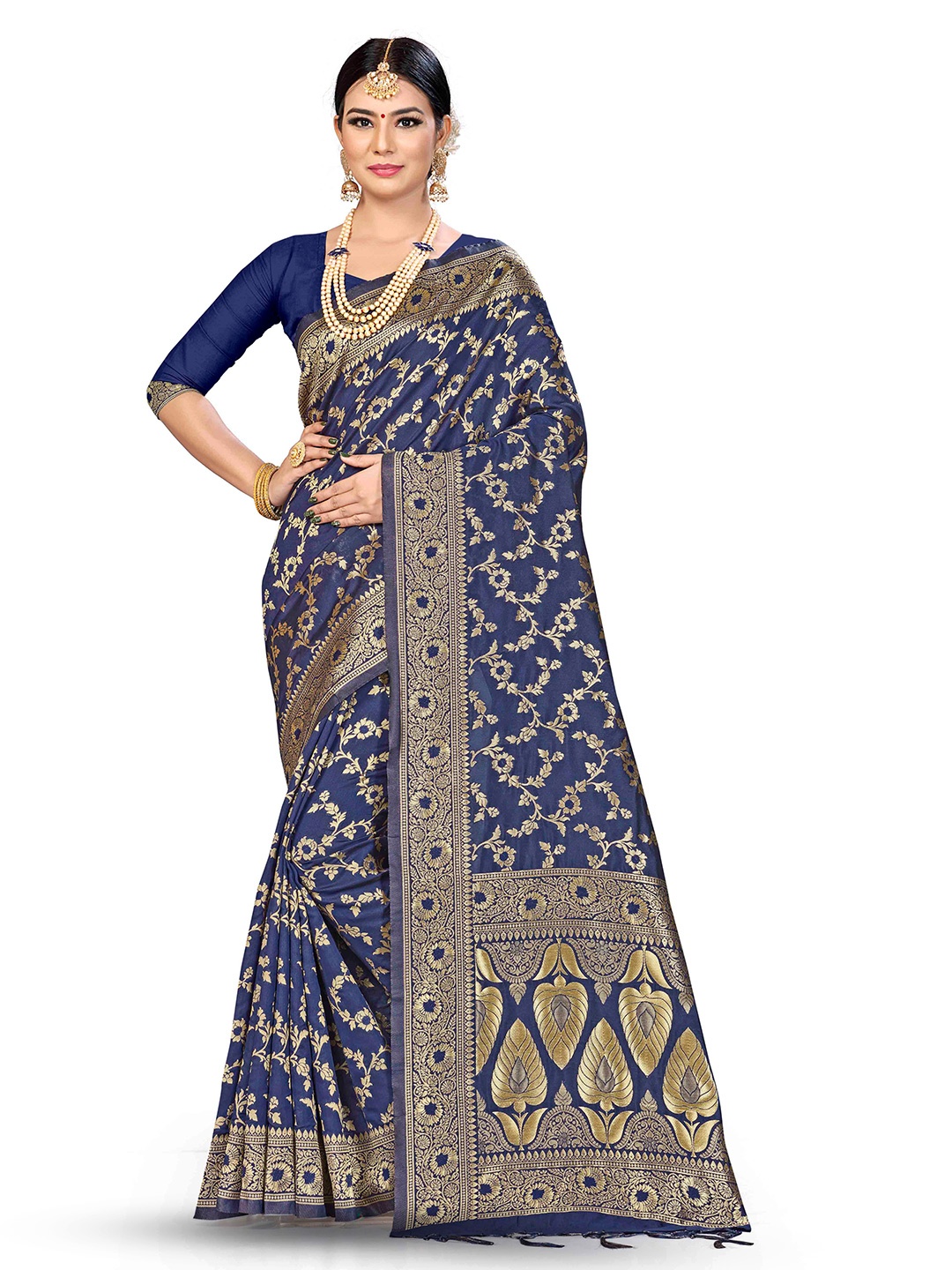 

MANVAA Floral Woven Design Zari Banarasi Saree, Navy blue