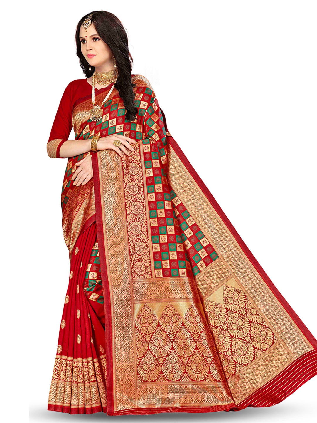 

MANVAA Geometric Woven Design Zari Banarasi Saree, Red