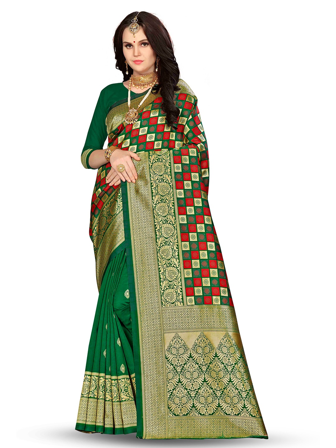 

MANVAA Geometric Woven Design Zari Banarasi Saree, Green