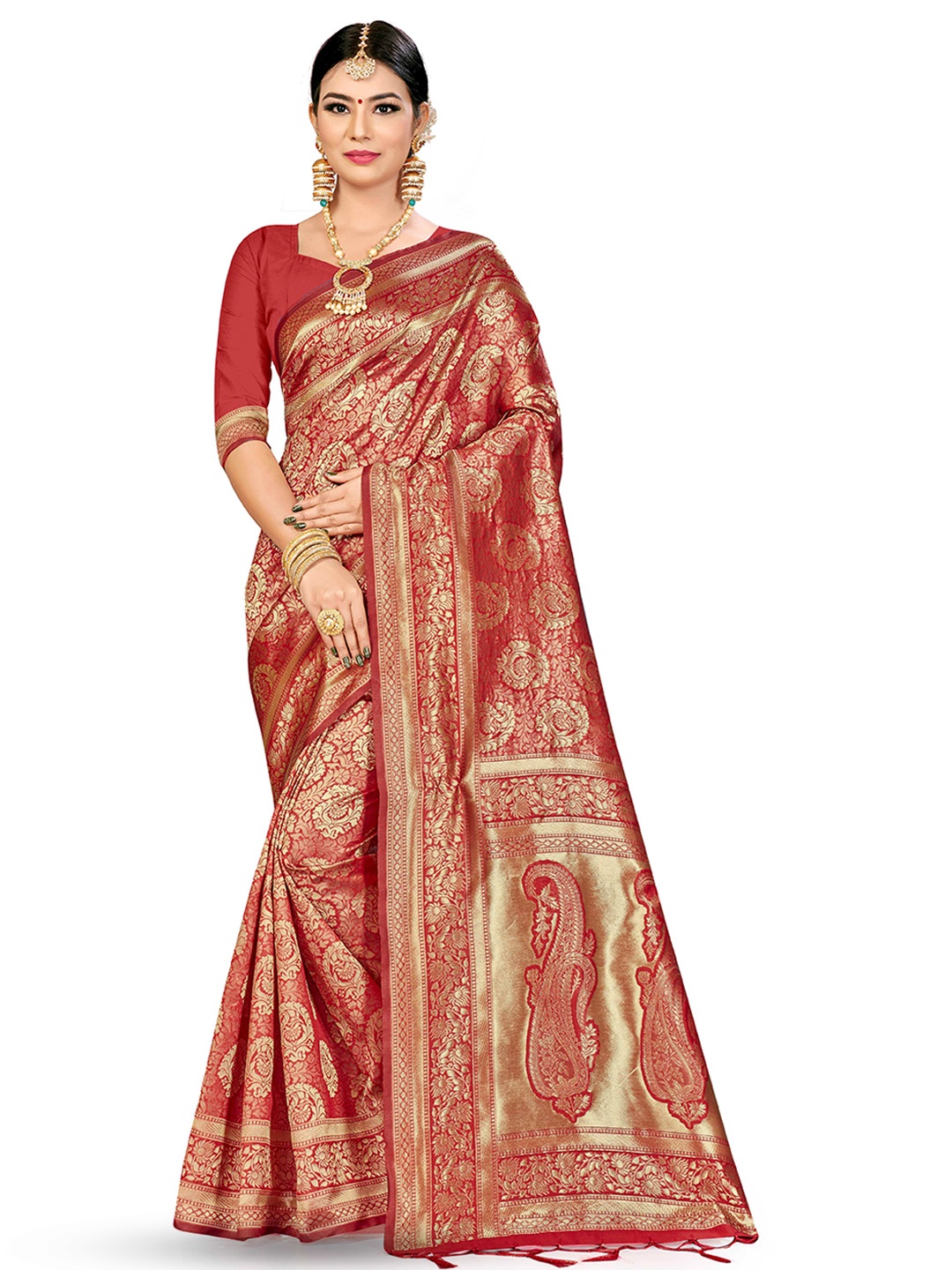 

MANVAA Ethnic Motifs Woven Design Zari Banarasi Saree, Red