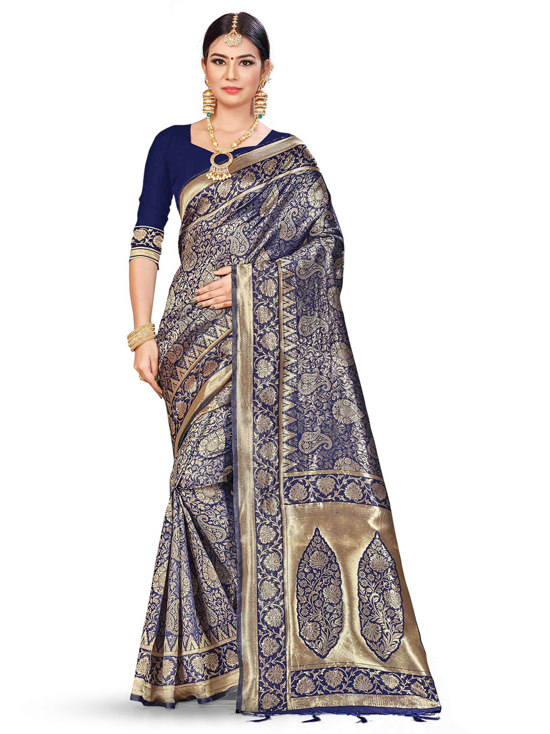 

MANVAA Ethnic Motifs Zari Silk Banarasi Saree, Navy blue