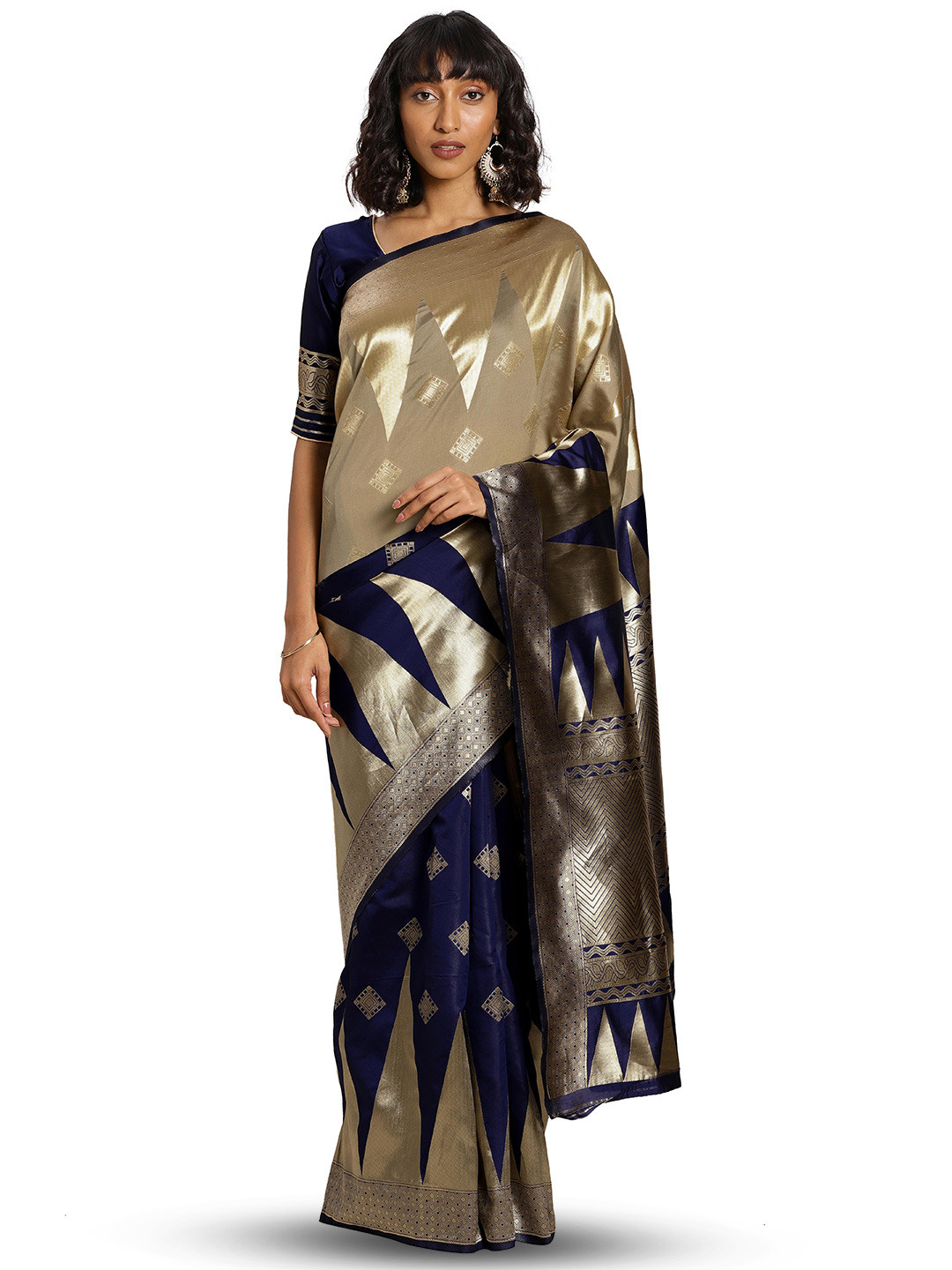 

MANVAA Ethnic Motifs Woven Design Zari Banarasi Saree, Navy blue