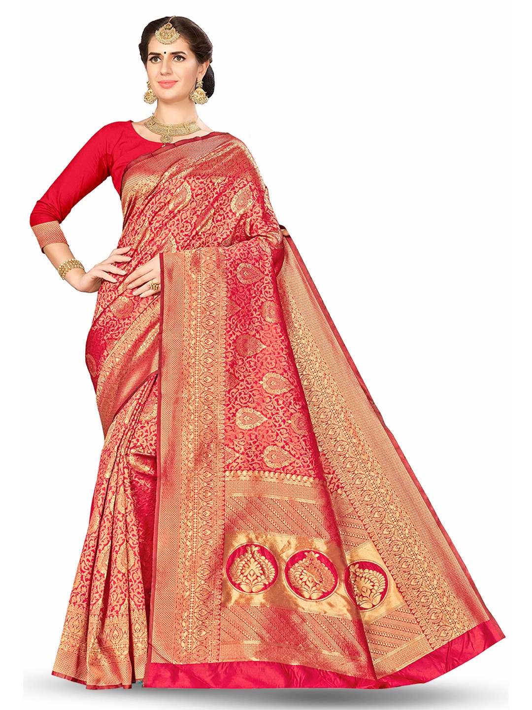

MANVAA Ethnic Motifs Zari Banarasi Saree, Red