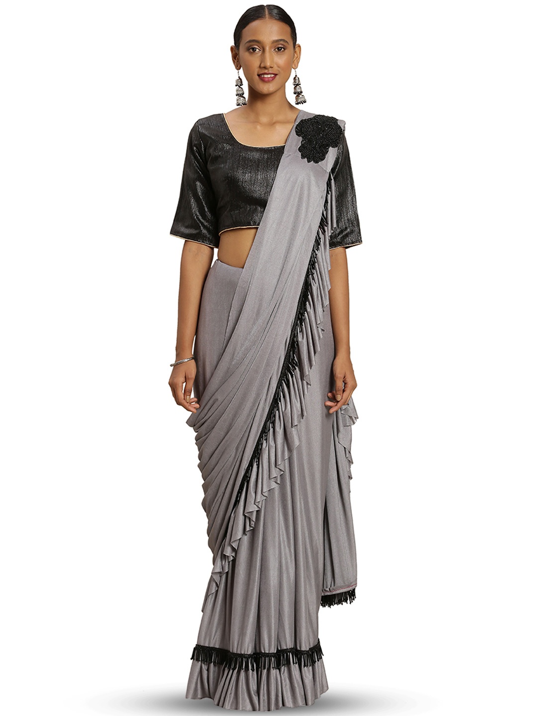 

MANVAA Embroidered Ruffles Lycra Saree, Grey