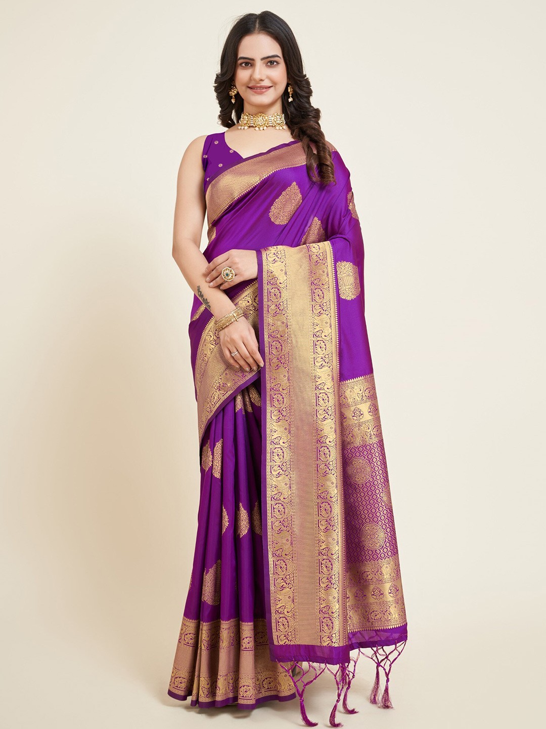 

LeeliPeeri Designer Ethnic Motifs Woven Design Zari Banarasi Saree, Purple