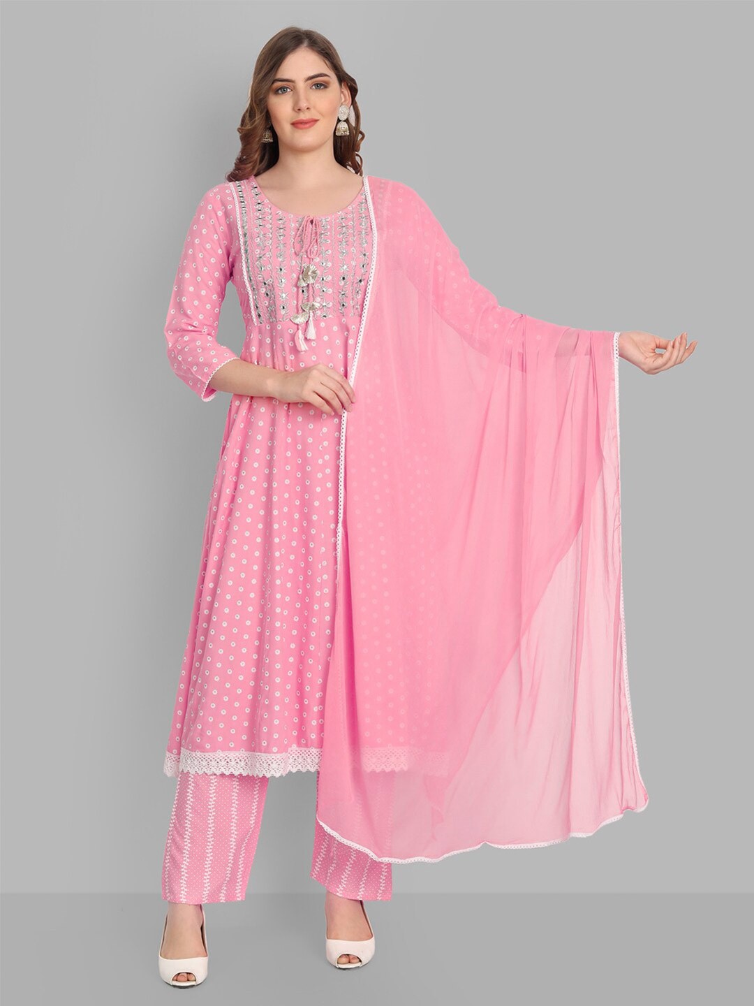 

SINGNI Ethnic Motifs Printed Thread Work Empire Anarkali Kurta With Trousers & Dupatta, Pink