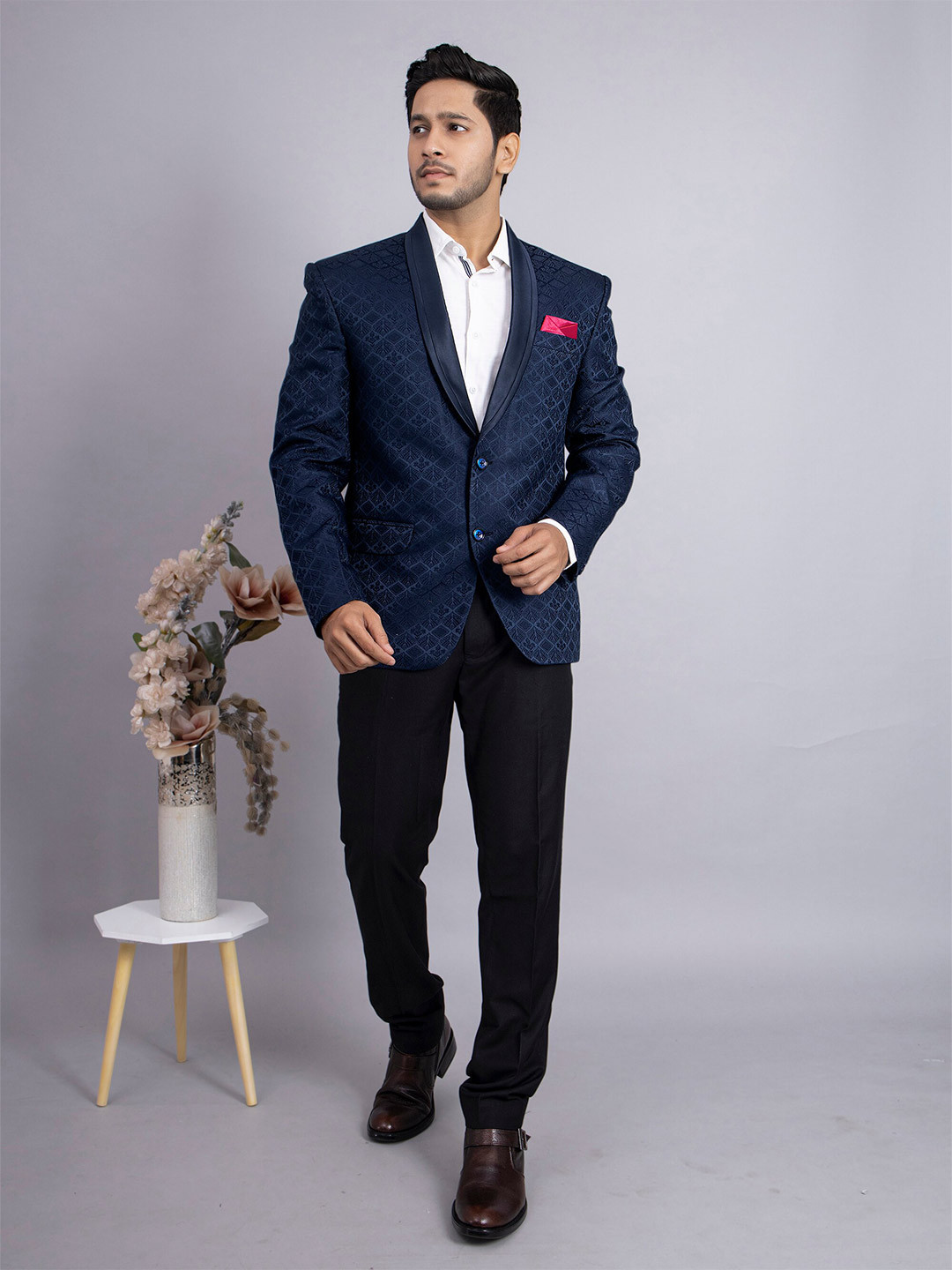 

amzira Self-Design Notched Lapel Collar Slim-Fit Single-Breasted Formal Blazer, Blue