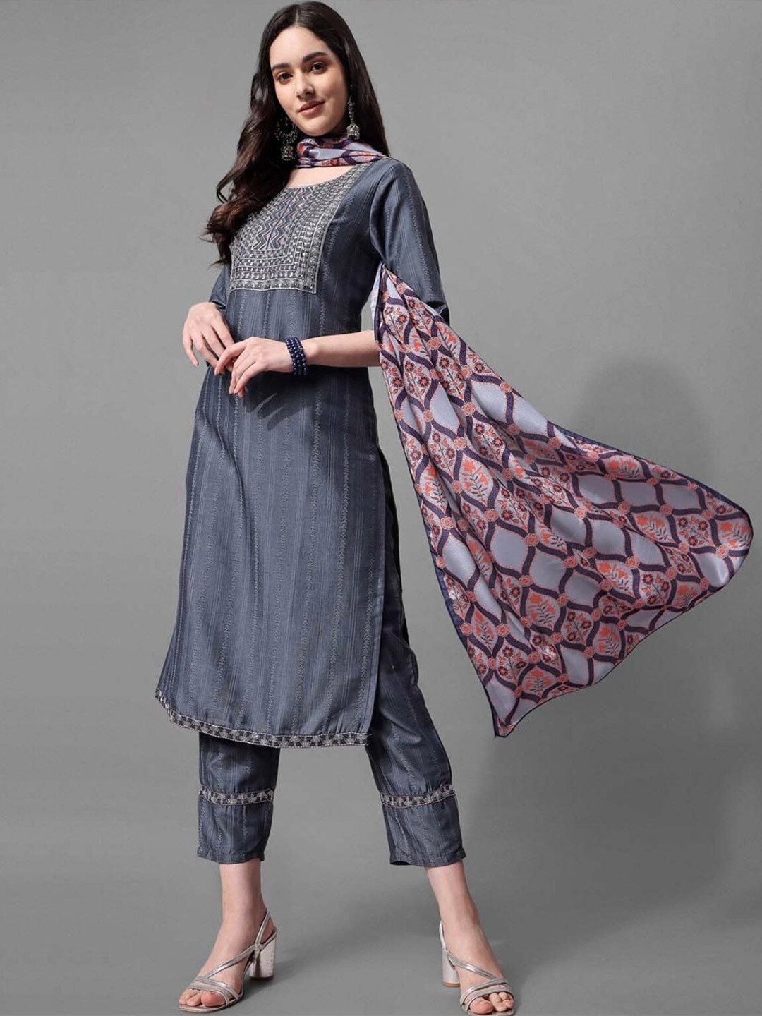 

J.KANJI Round Neck Ethnic Motifs Regular Thread Work Kurta With Trousers & Dupatta, Grey