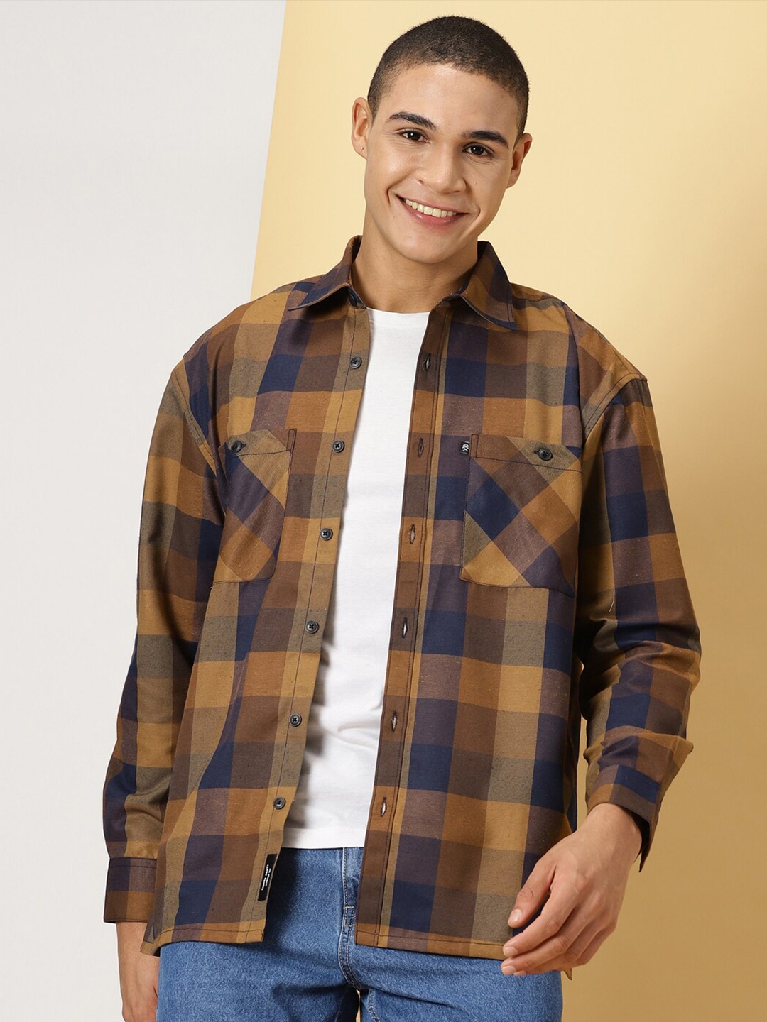 

Thomas Scott Smart Checked Opaque Oversized Casual Shirt, Brown